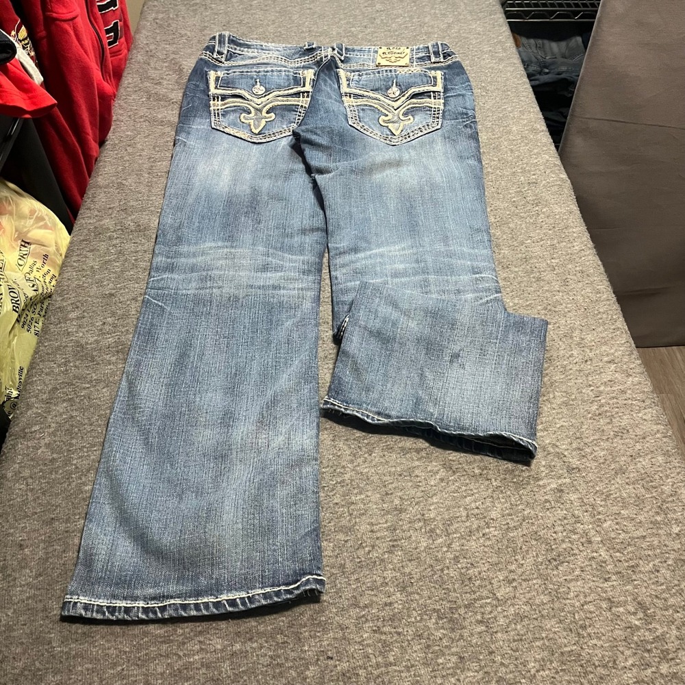Rock Revival Pietro Bootcut Jeans Mens 36x32 Blue Distressed Thick Stitch Denim